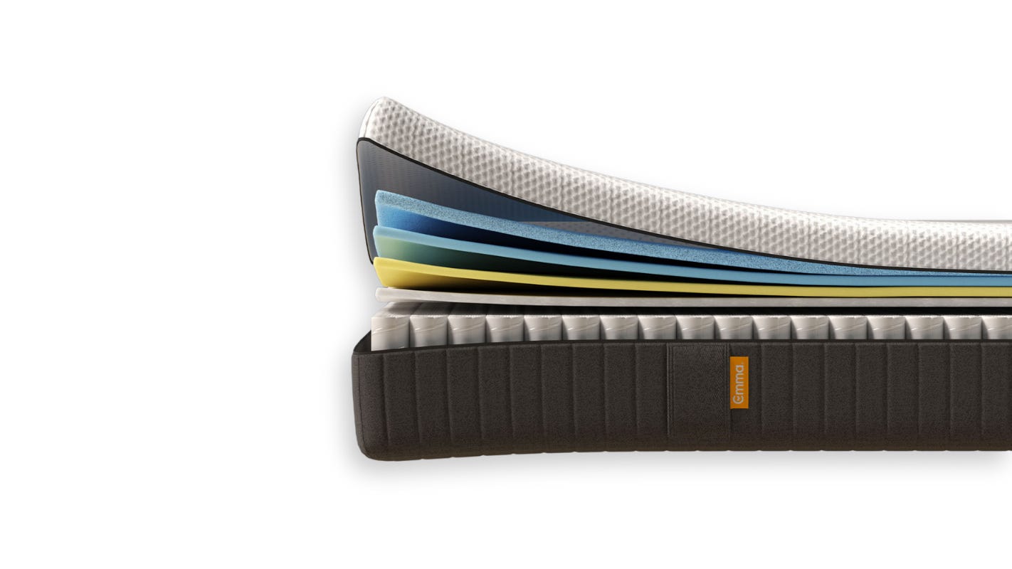 Aufgeschnittene Emma Original Pro Matratze mit sichtbaren Schichten.