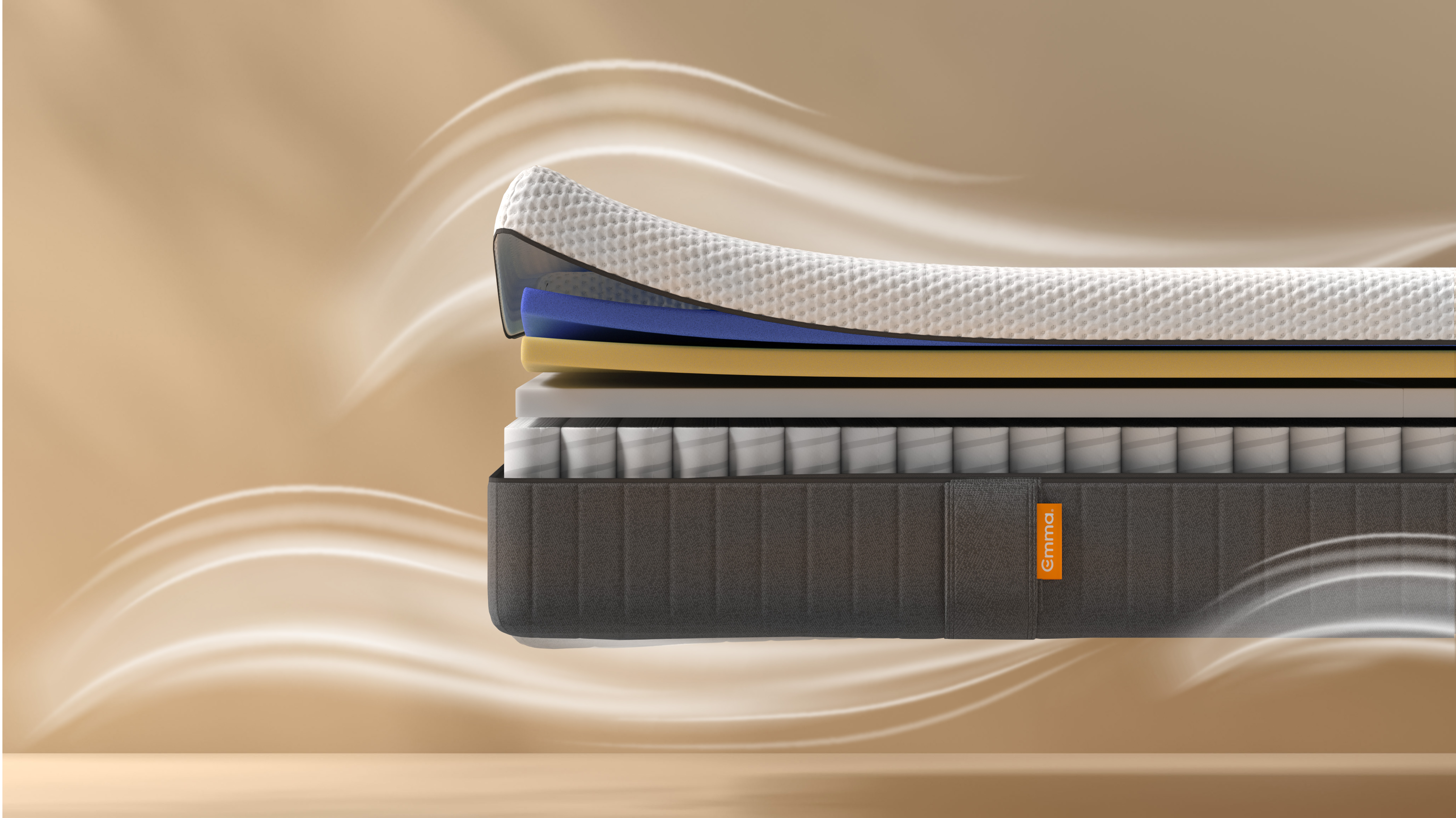 Coupe transversale du matelas montrant les différentes couches, sur un fond doré clair avec un effet de vent abstrait et un certificat.