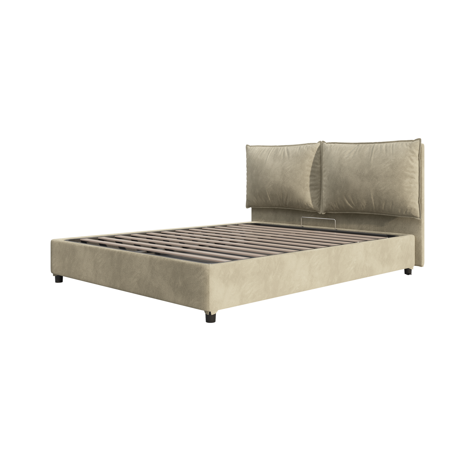 Struttura letto imbottita beige con testiera e quattro gambe corte, senza materasso.