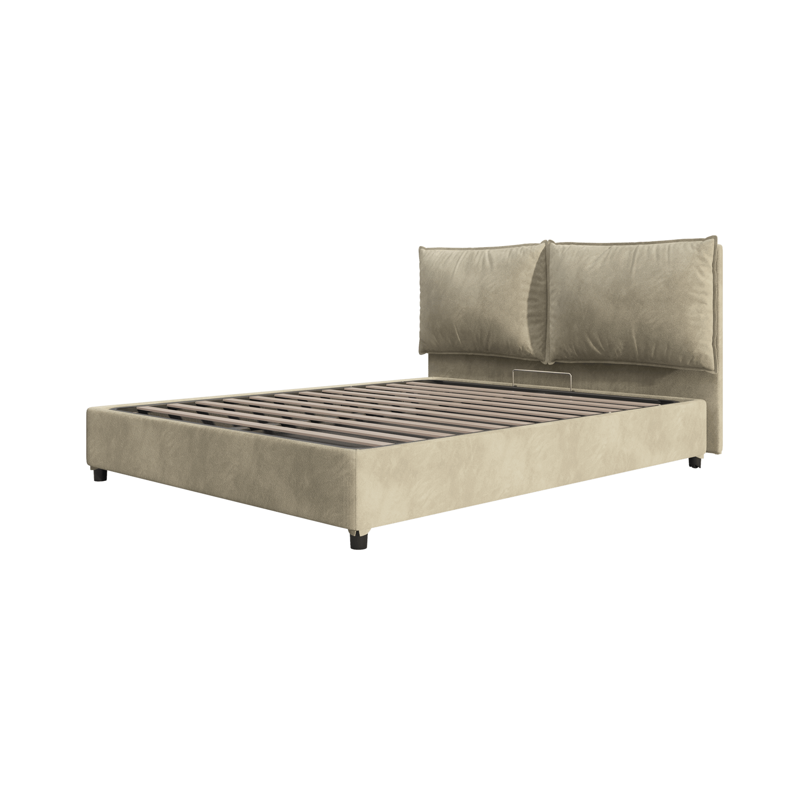 Struttura letto imbottita beige con testiera e quattro gambe corte, senza materasso.