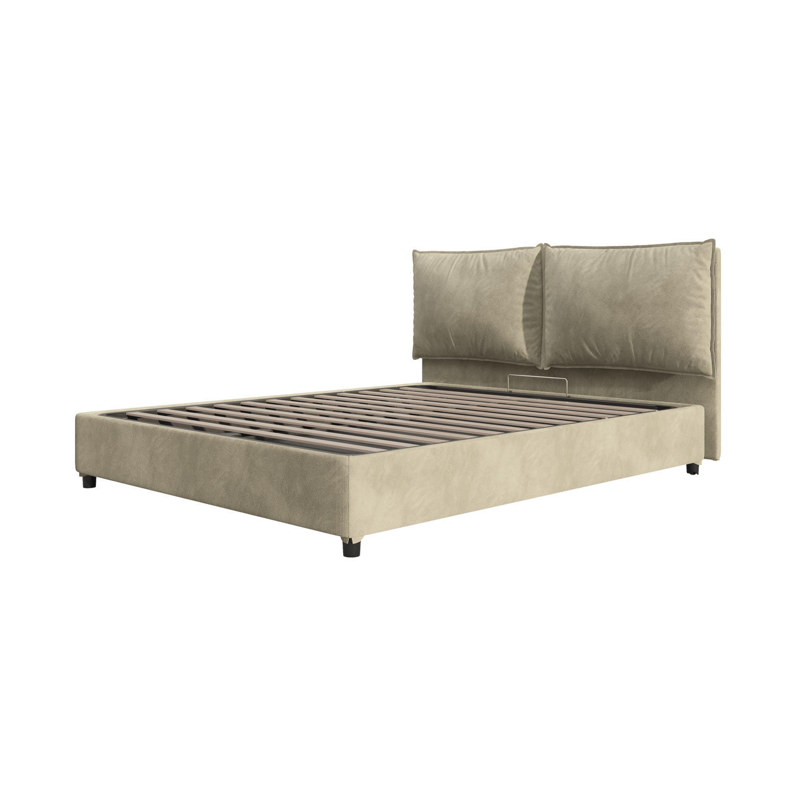 Struttura letto imbottita beige con testiera e quattro gambe corte, senza materasso.