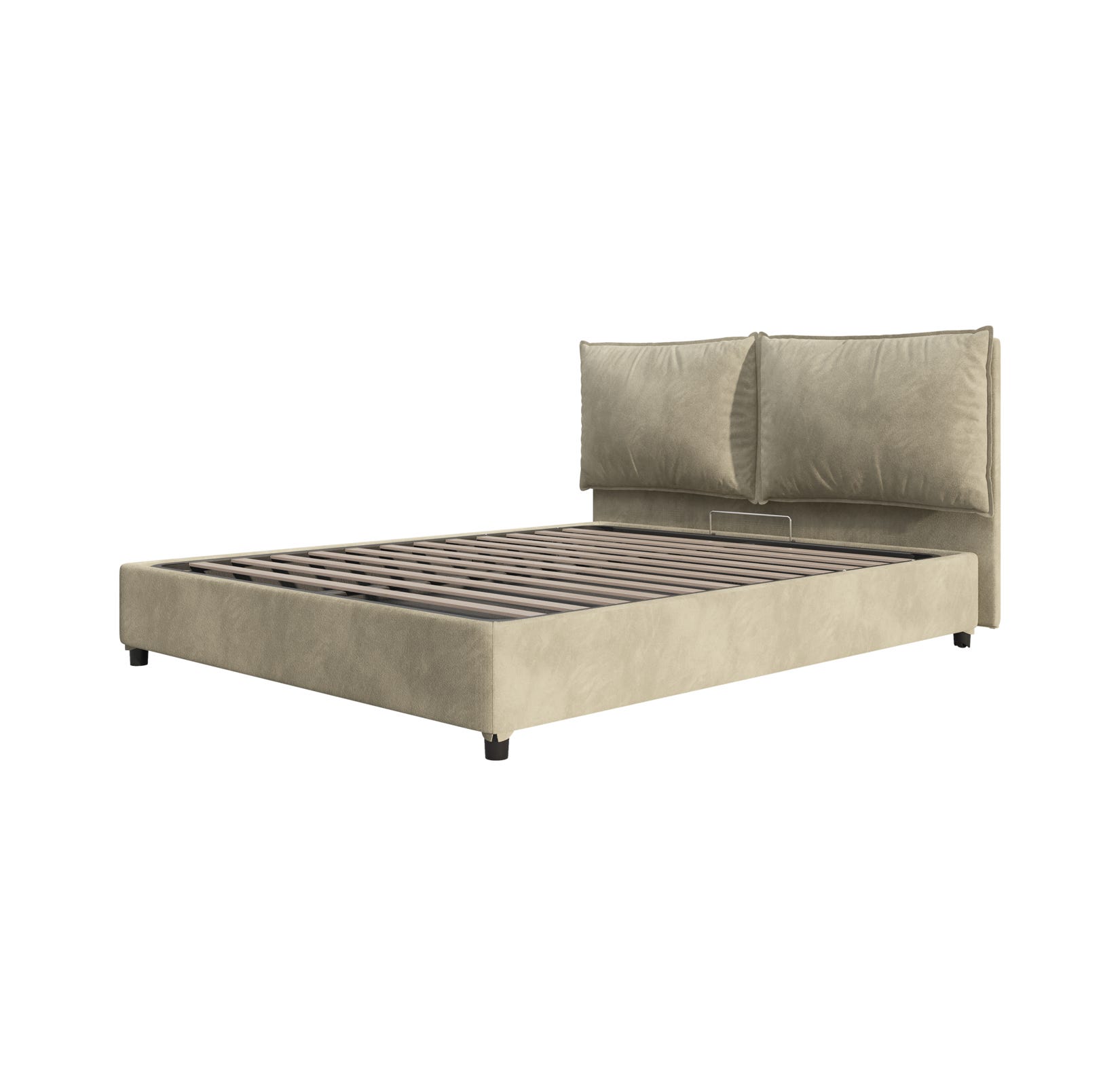 Struttura letto imbottita beige con testiera e quattro gambe corte, senza materasso.