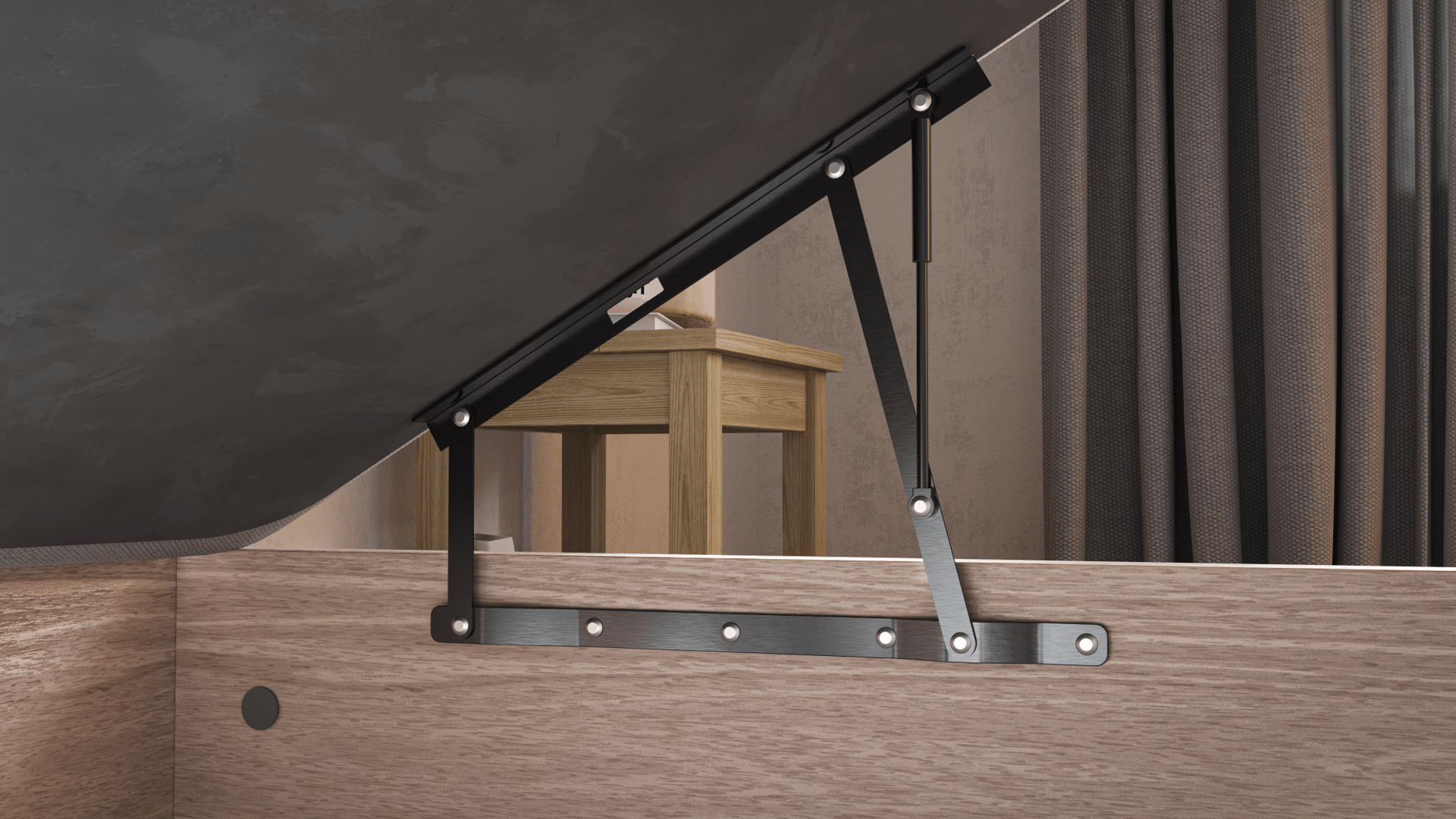 Uma imagem de perto a demonstrar o mecanismo de molas hidraulicas que levanta a base do sommier com arrumação Emma