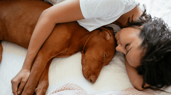 Frau kuschelt mit schlafendem Hund im Bett.