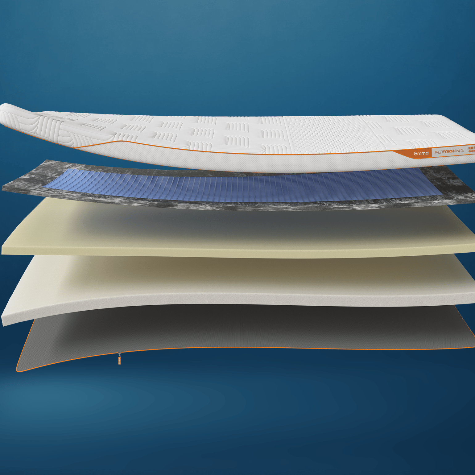 Emma Performance Topper exploded view showing 5 layers: quilted cover, cooling grid, graphite, two foam layers and base.