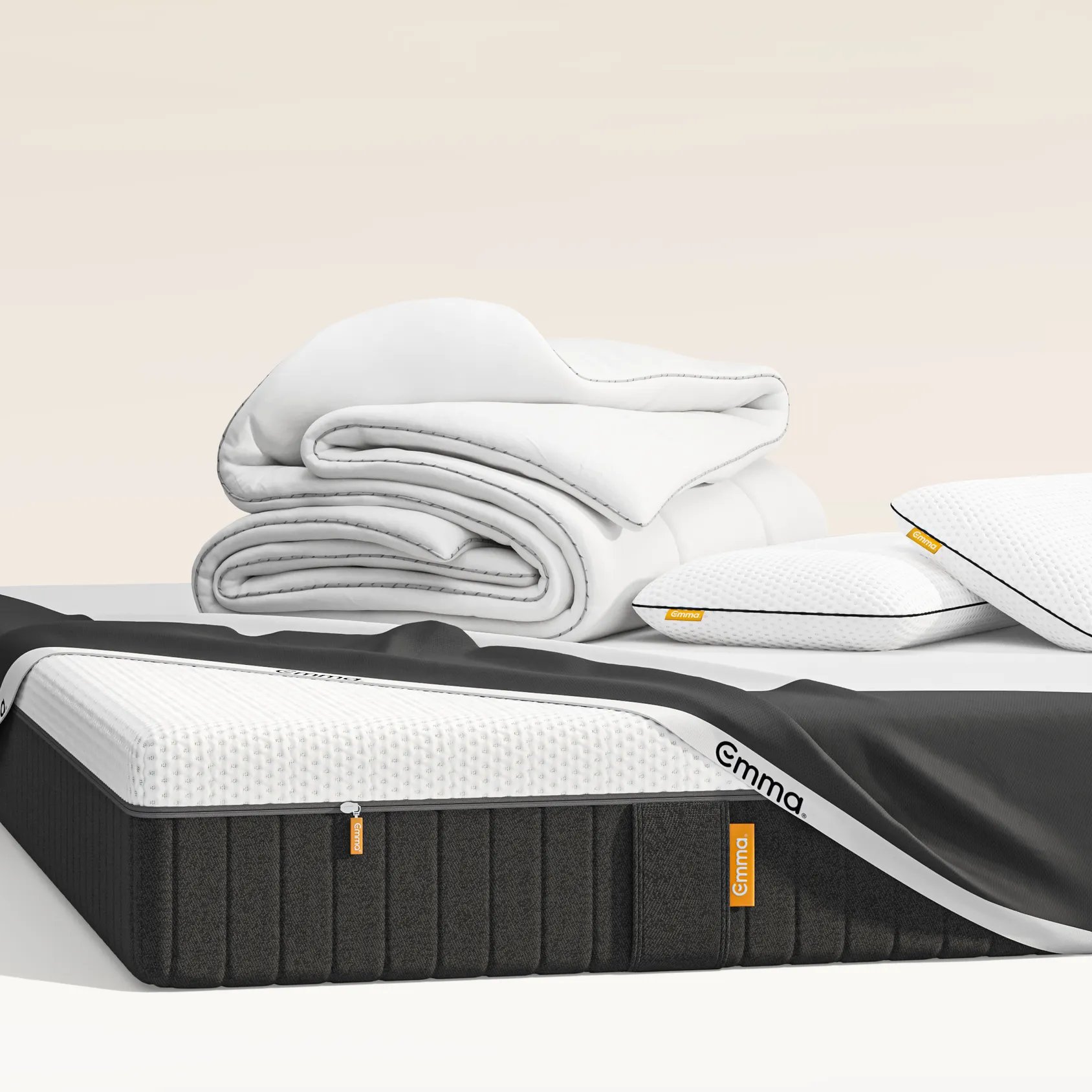 Pre Black Friday Mega Bundle. It includes the following Emma products: mattress, two pillows and a duvet render. 