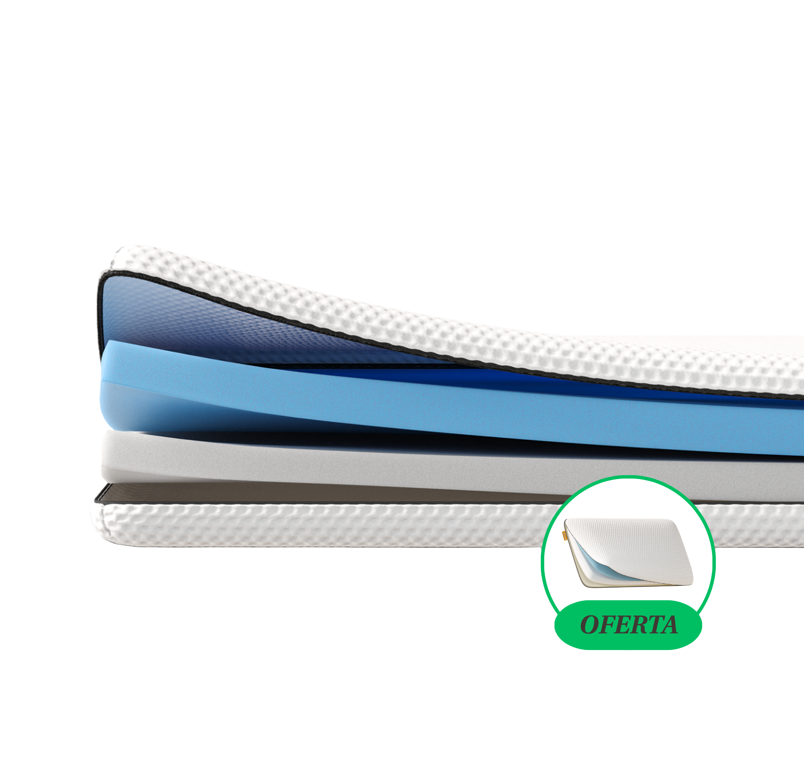   Uma imagem de lado do sobrecolchão Reversível com corte lateral a mostrar as suas camadas, sobre um fundo bege