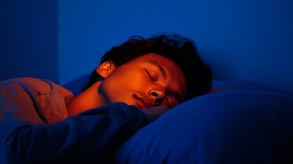 Mann schläft tief auf Performance Line Produkt im blauen Licht.