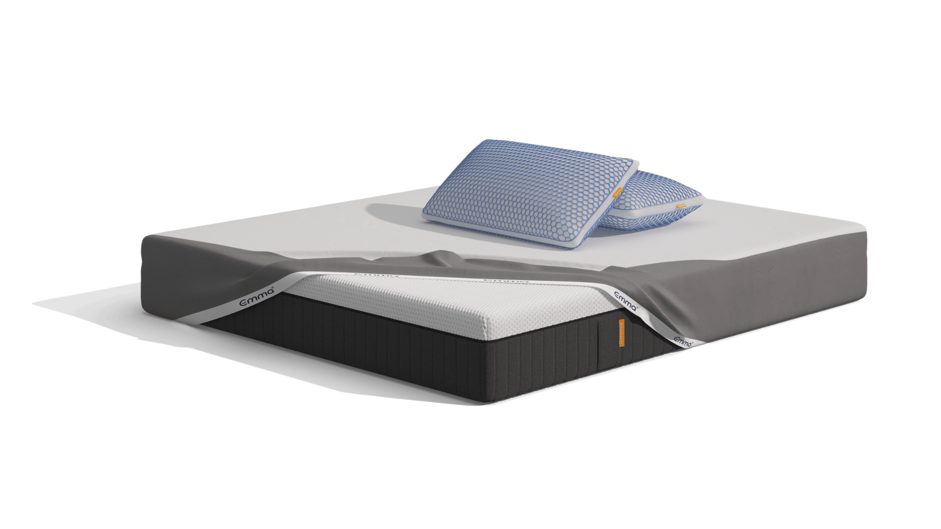 Uma imagem do pack Cooling Sleep, que inclui um colchão Emma Original Pro, Almofadas Emma Original Elite, e uma capa protetora
