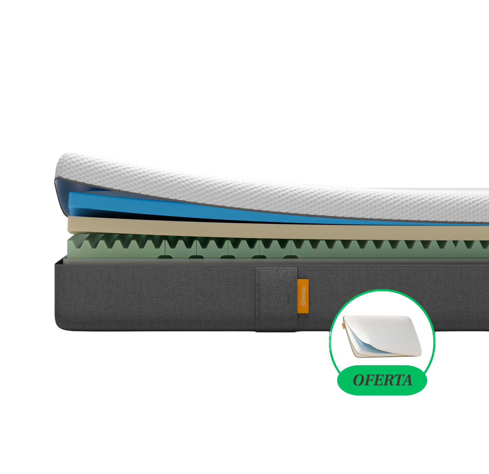 Imagem do colchão Emma Original com detalhes das camadas visíveis