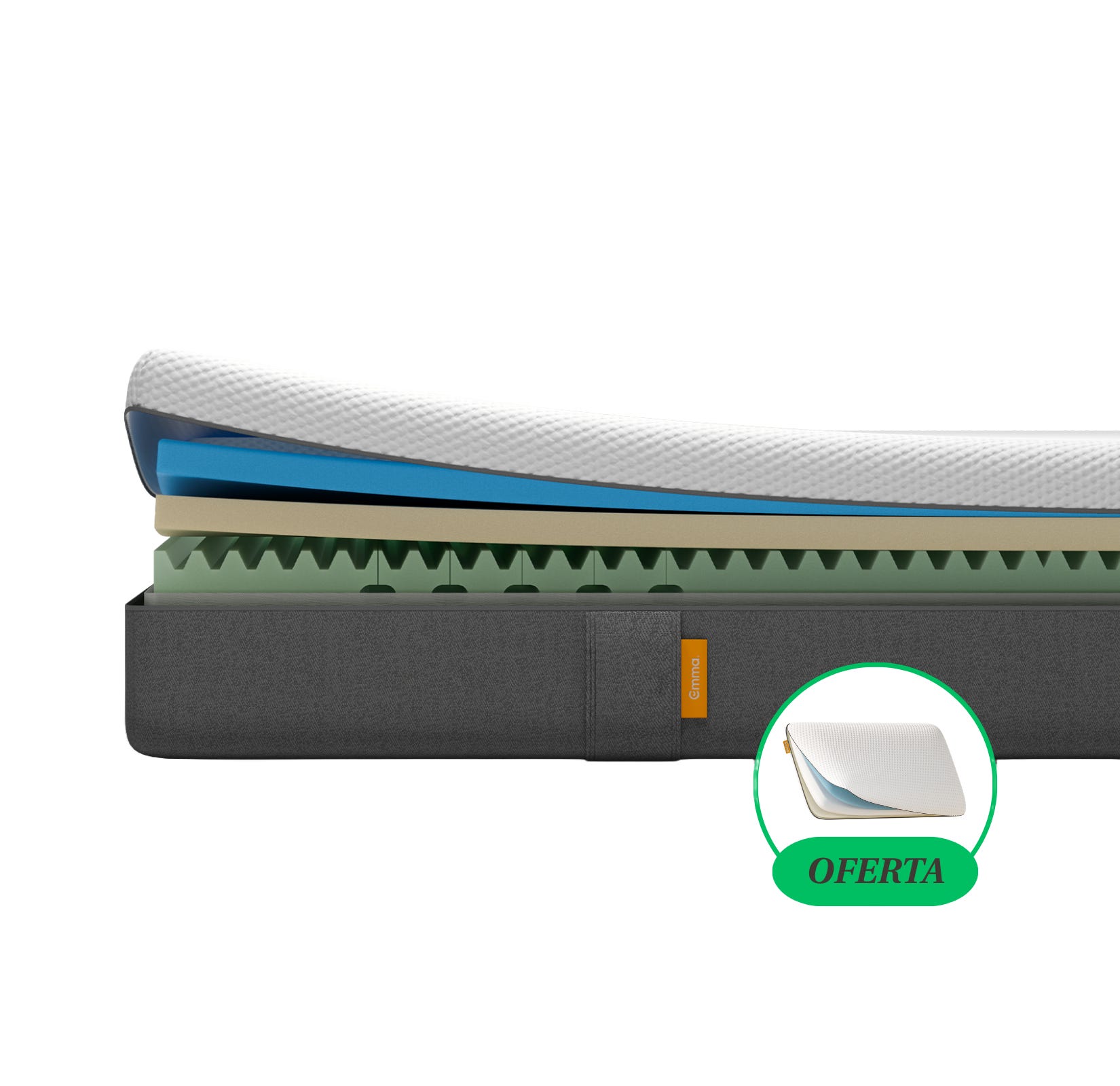 Imagem do colchão Emma Original com detalhes das camadas visíveis