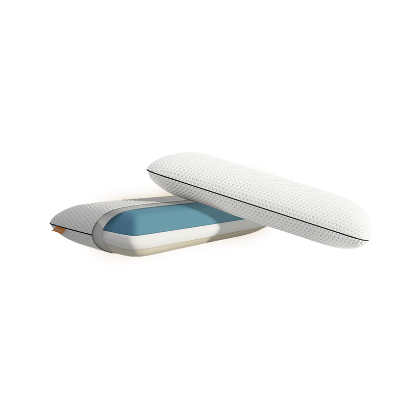 Twee Emma ergonomische kussens, één geopend om de blauwe binnenlaag en witte hoes met textuur te tonen. Ontworpen voor optimale ondersteuning, ademend vermogen en comfort.