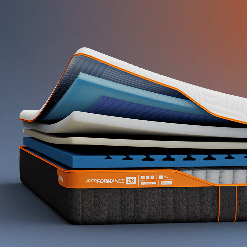 Aufgeschnittene Emma Performance Matratze mit sichtbaren Schichten.