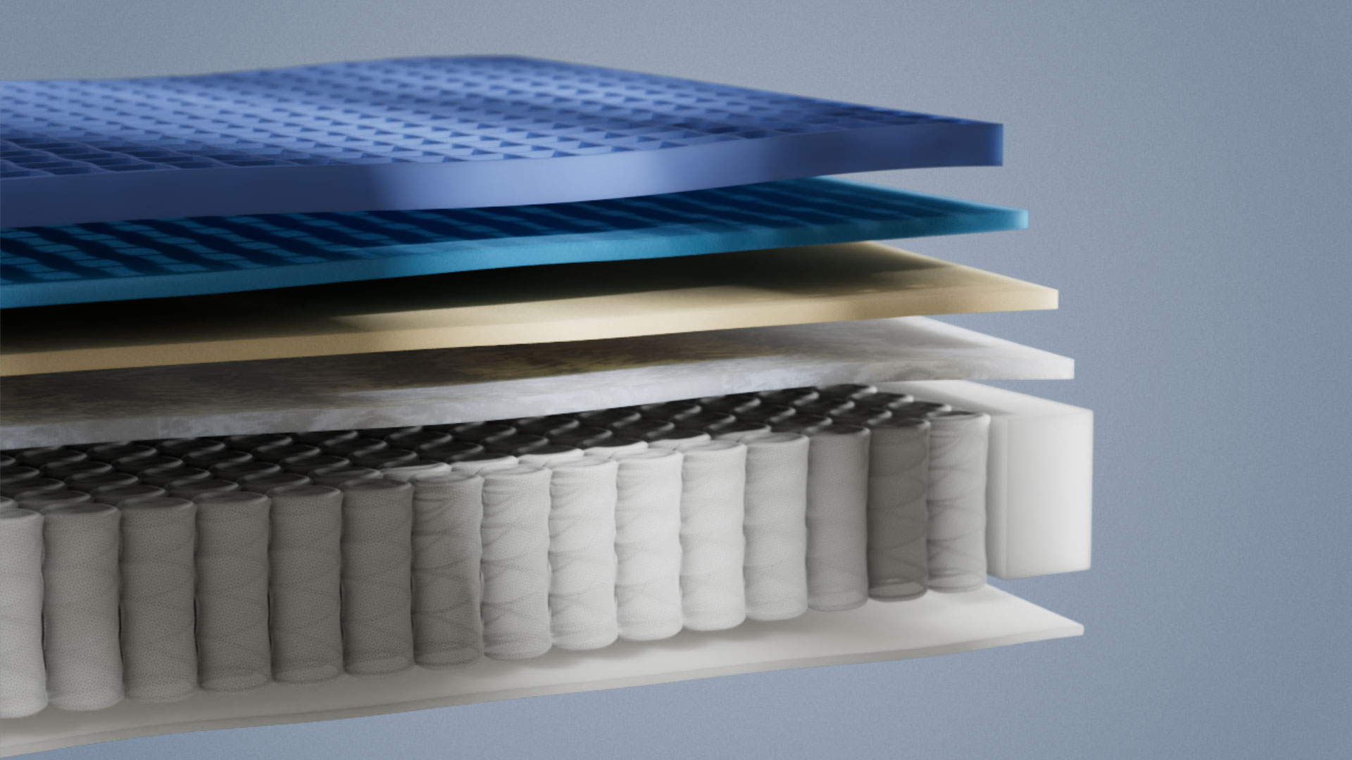 Emma Original Elite mattress layers view showing blue grid foam and cream foam layers above a pocket spring core in close-up detail.
