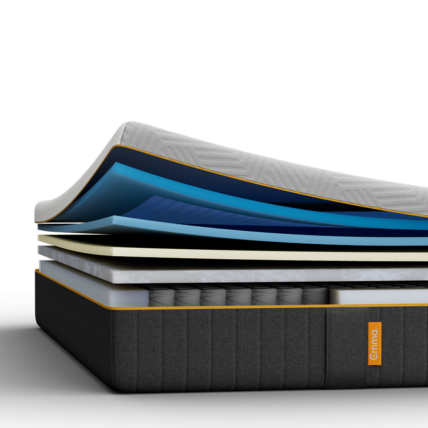 Aufgeschnittene Emma Elite Matratze mit sichtbaren Schichten.