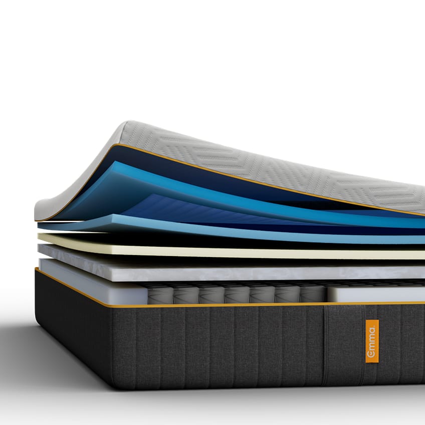 Aufgeschnittene Emma Elite Matratze mit sichtbaren Schichten.