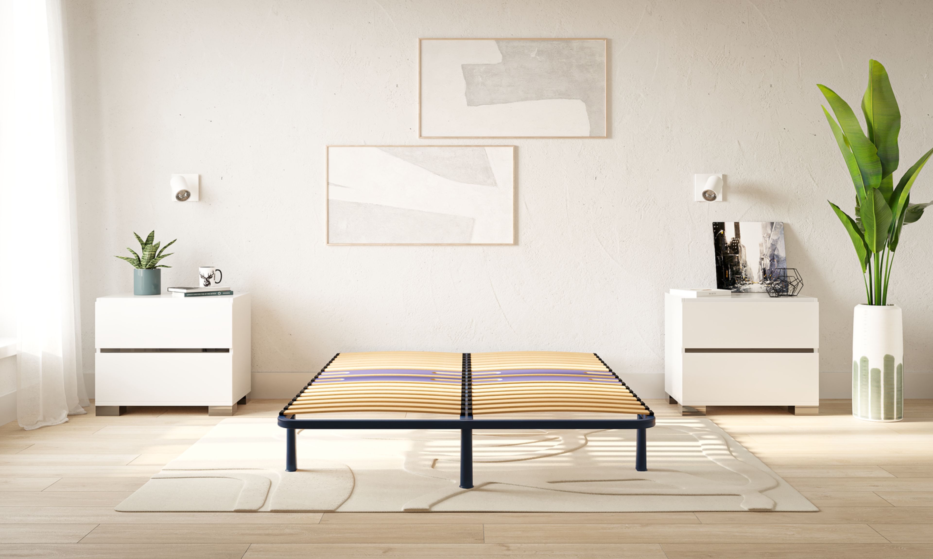 Camera da letto minimal con struttura letto senza materasso, comodini bianchi e decorazioni neutre.