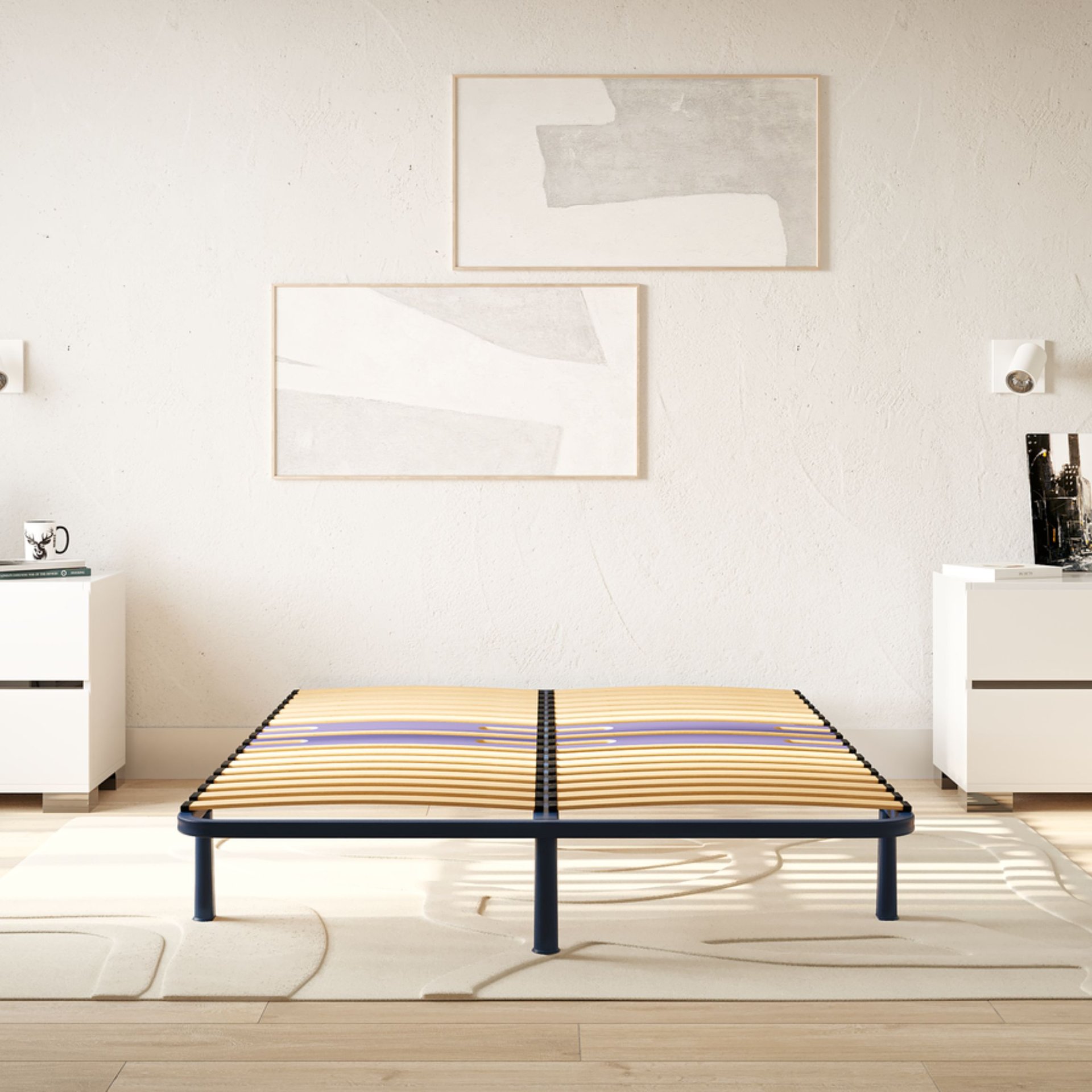 Camera da letto minimal con struttura letto senza materasso, comodini bianchi e decorazioni neutre.