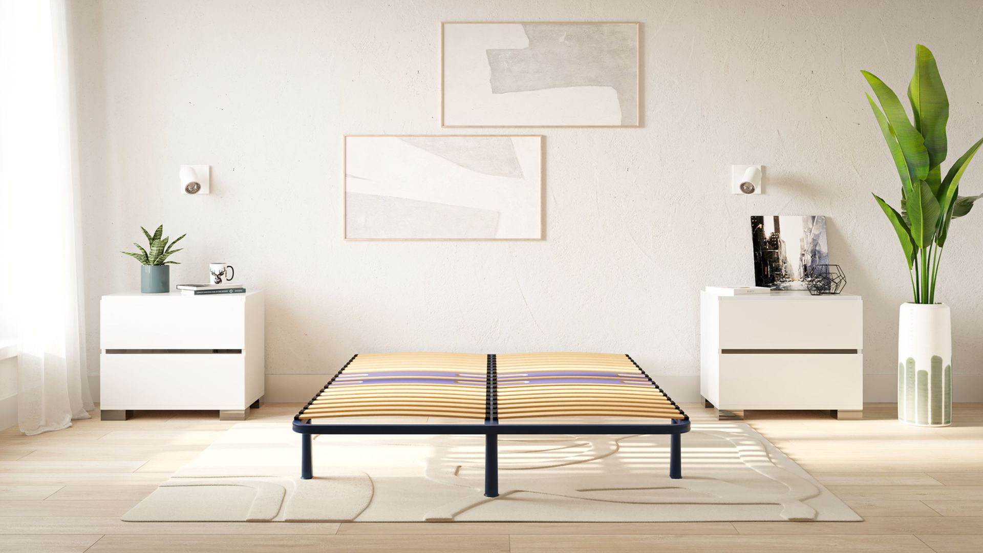 Camera da letto minimal con struttura letto senza materasso, comodini bianchi e decorazioni neutre.