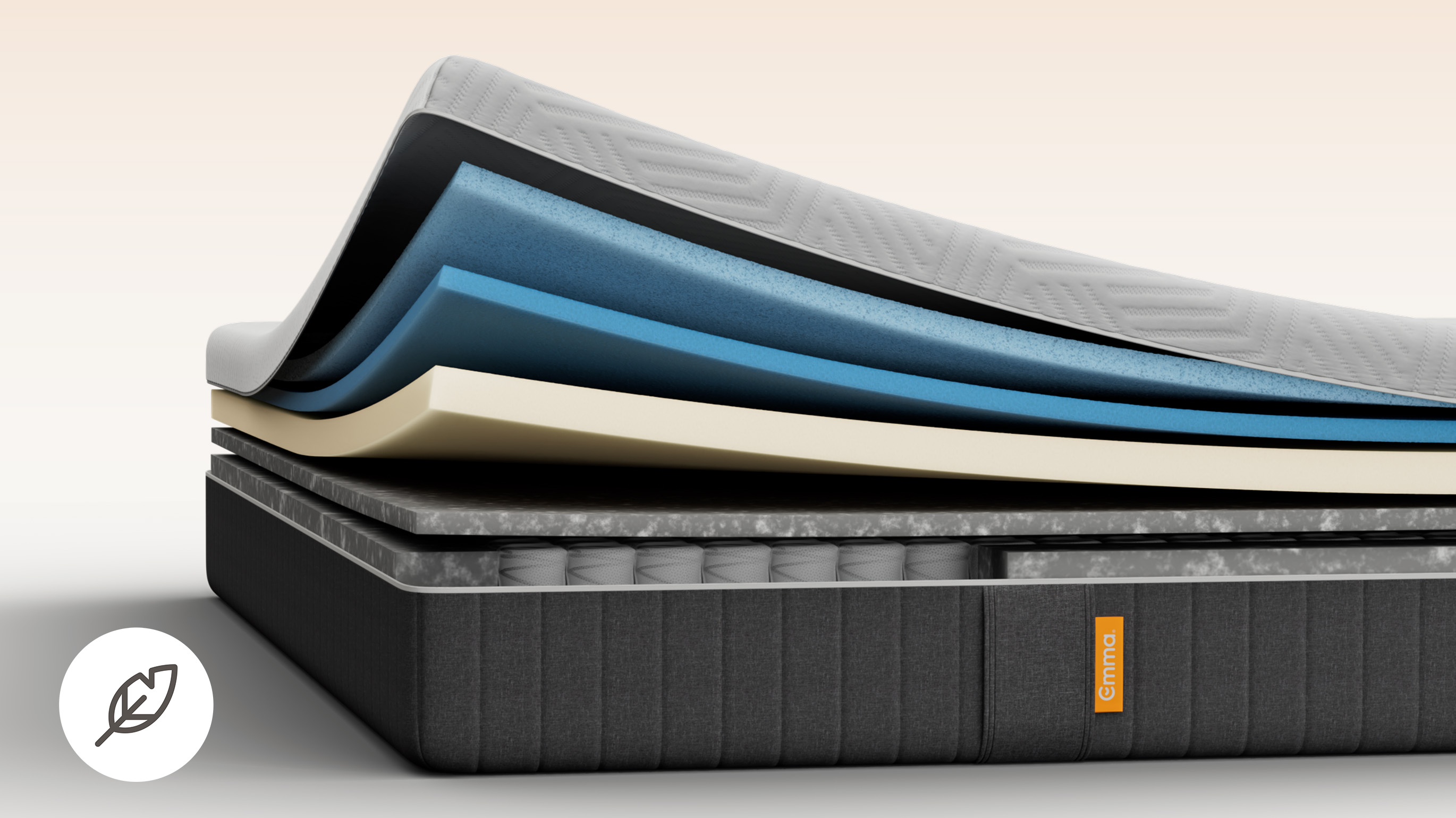 Emma Original Pro mattress layers view showing multiple foam and spring layers, with an anti-allergen cover badge.
