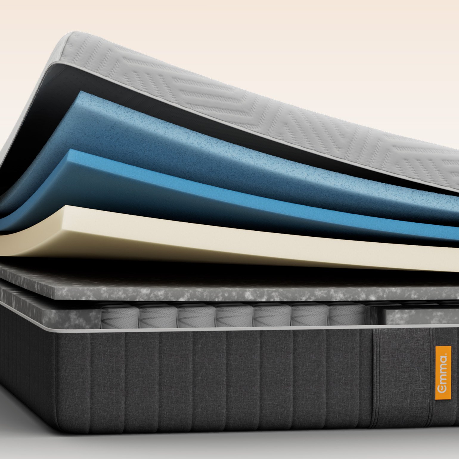 Emma Original Pro mattress layers view showing multiple foam and spring layers, with an anti-allergen cover badge.
