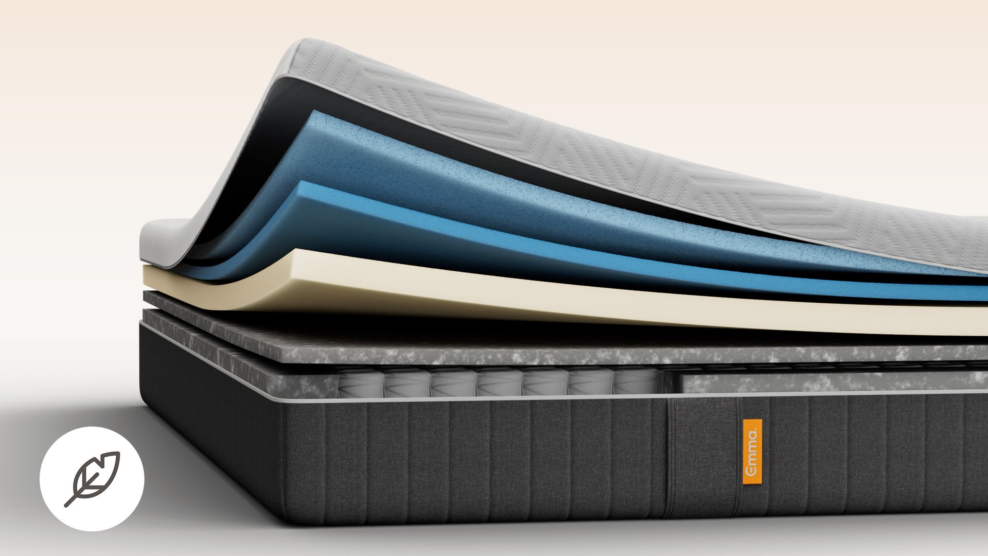 Emma Original Pro mattress layers view showing multiple foam and spring layers, with an anti-allergen cover badge.
