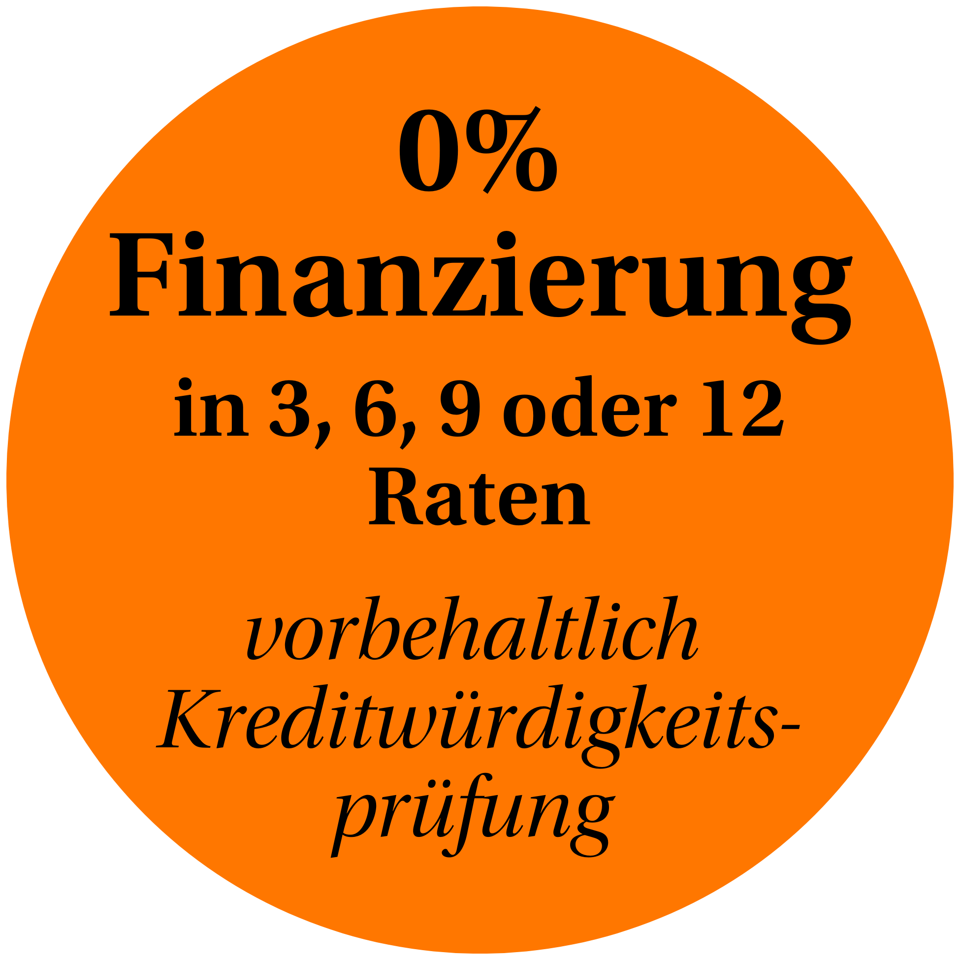 Oranger Badge mit Schriftzug „0 % Finanzierung mit Almain 3, 6, 9 oder 12 Raten“