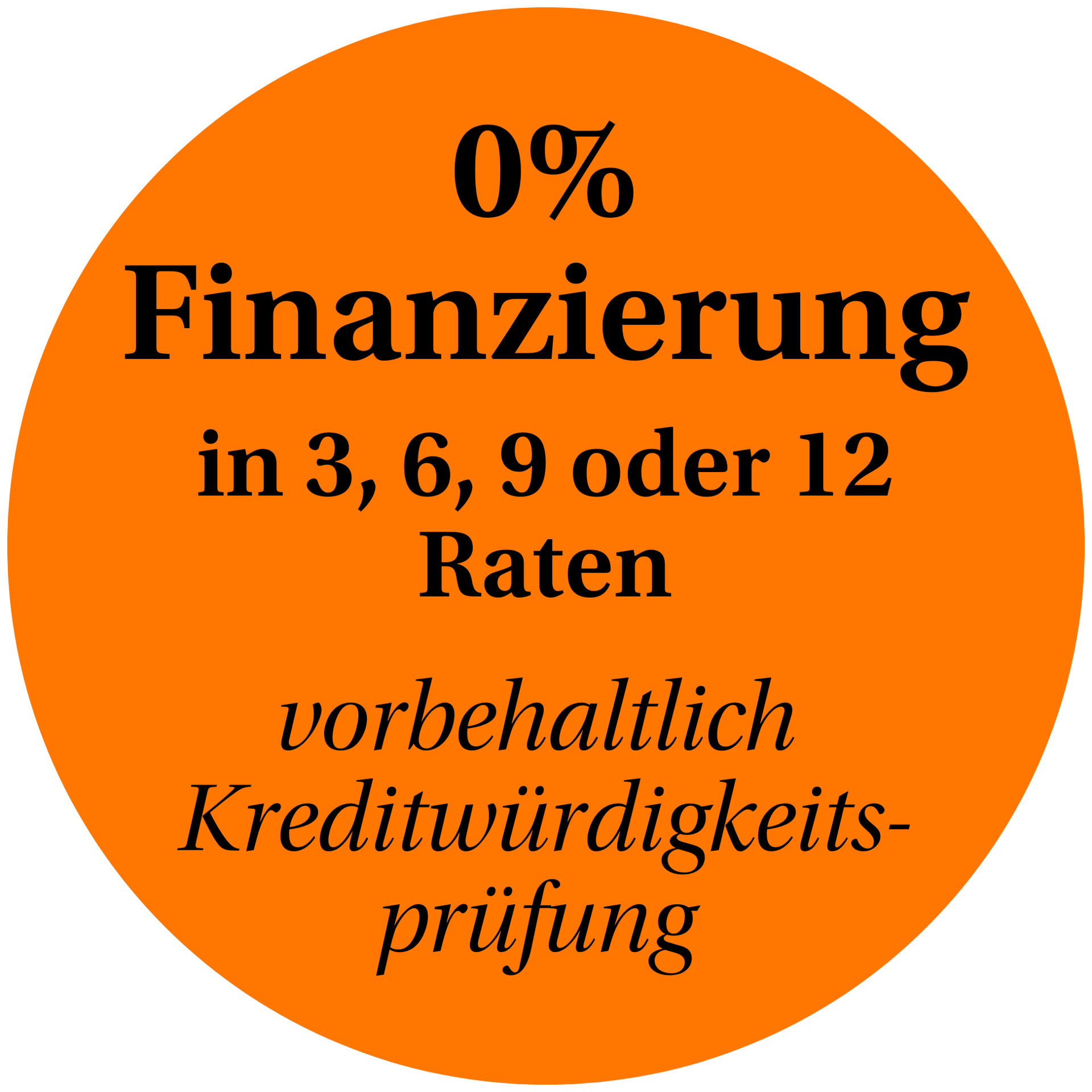 Oranger Badge mit Schriftzug „0 % Finanzierung mit Almain 3, 6, 9 oder 12 Raten“