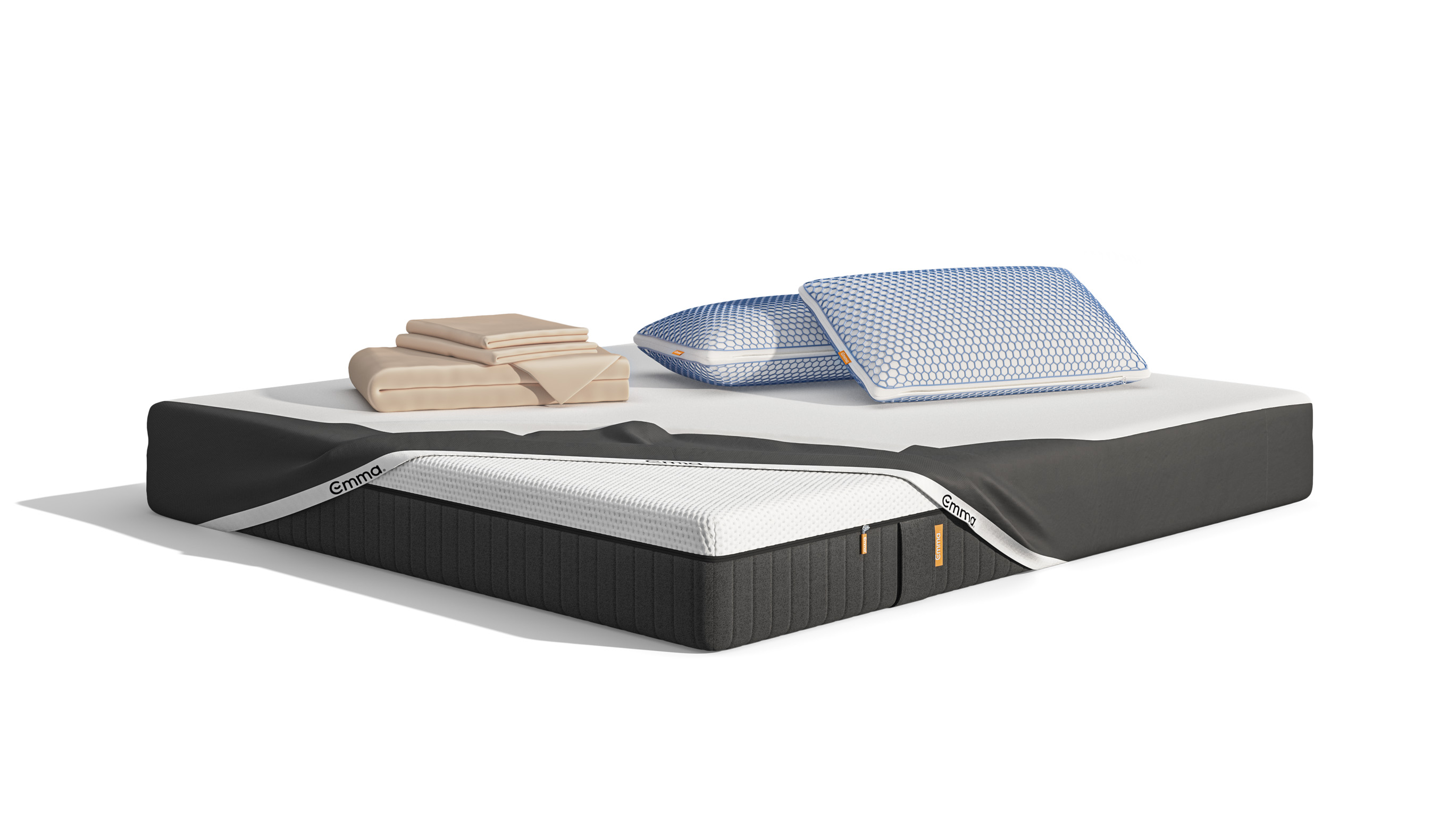 Uma imagem do pack Cooling Sleep Plus, que inclui um colchão Emma Original Pro, Almofadas Emma Original Elite, roupa de cama, e uma capa protetora