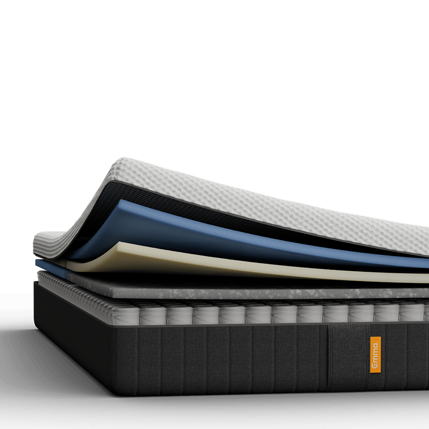 Aufgeschnittene Emma 25 Hybrid Matratze mit sichtbaren Schichten.