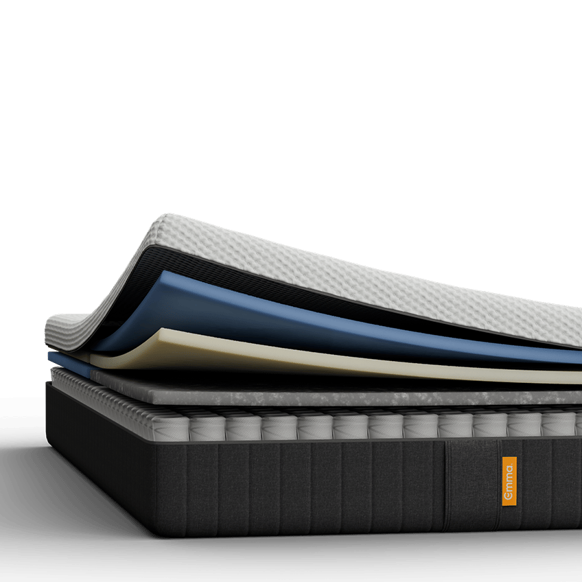 Aufgeschnittene Emma 25 Hybrid Matratze mit sichtbaren Schichten.