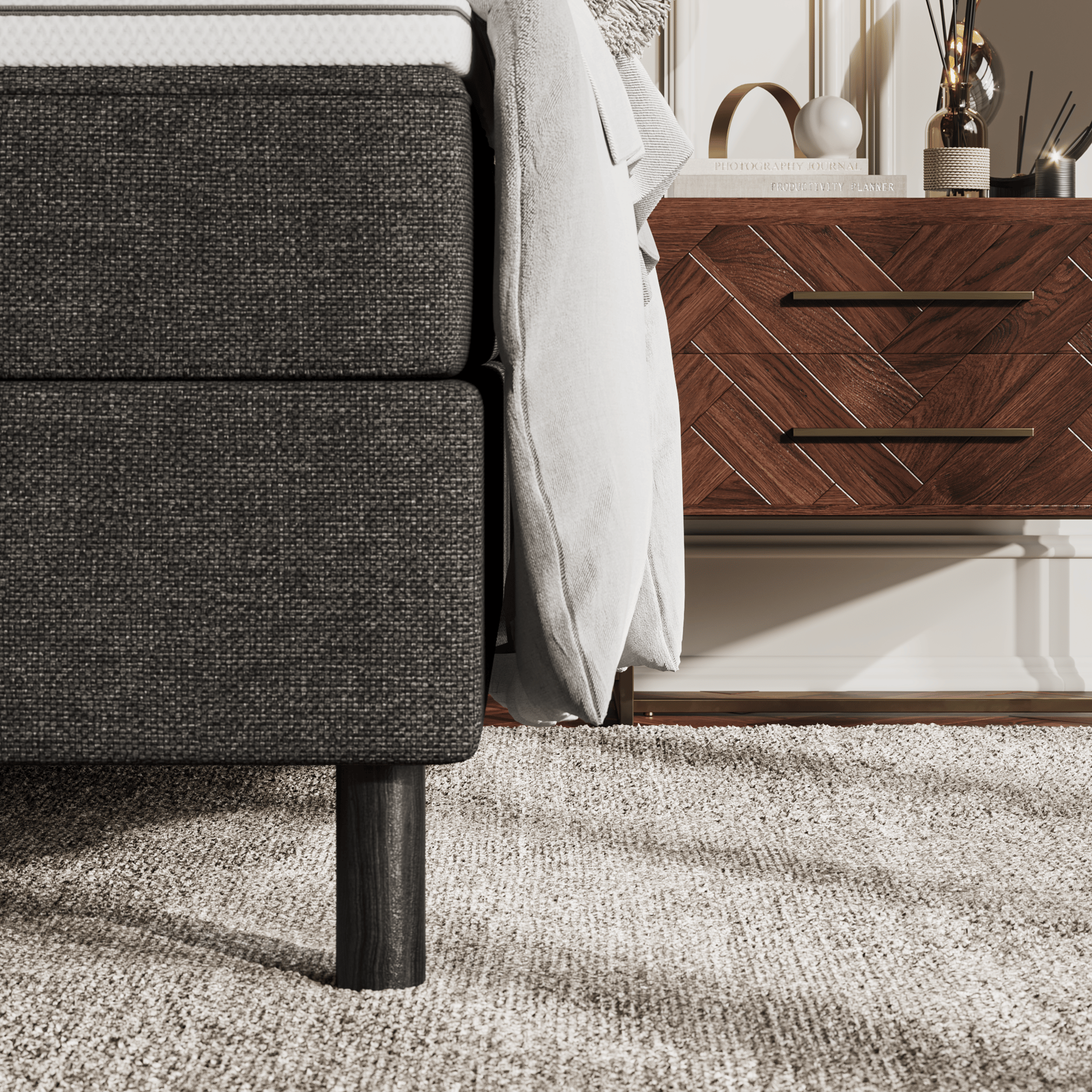 Lit boxspring Deluxe avec tête de lit en tissu clair et matelas