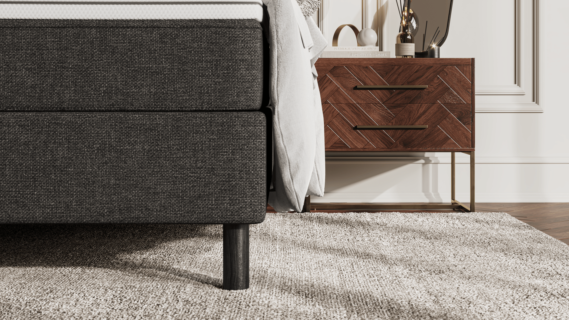 Lit boxspring Deluxe avec tête de lit en tissu clair et matelas