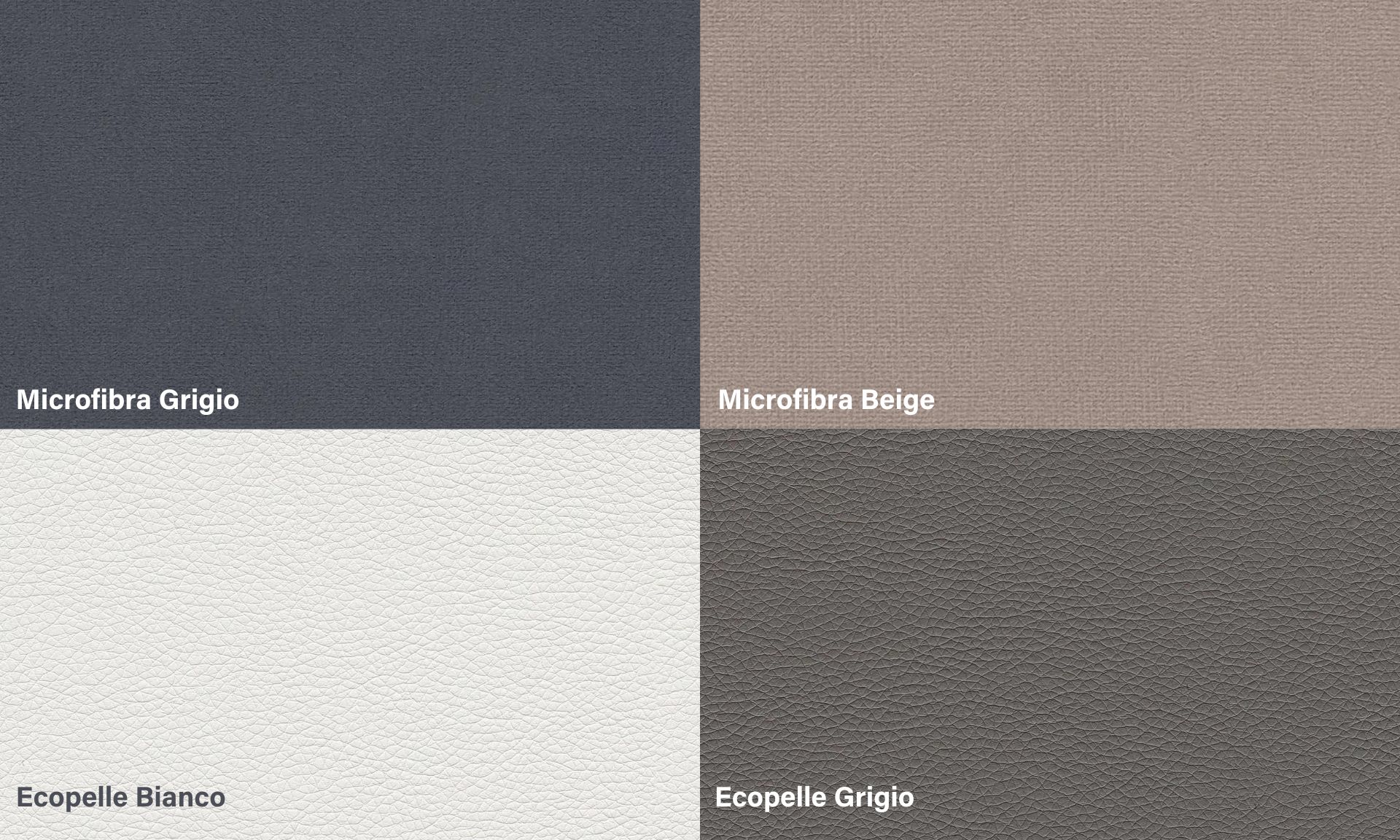 Quattro campioni colore etichettati: Microfibra grigio, Microfibra beige, ecopelle bianco, ecopelle grigio