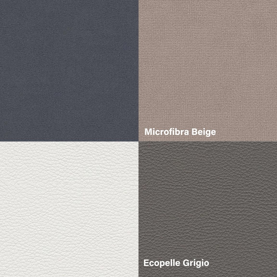Quattro campioni colore etichettati: Microfibra grigio, Microfibra beige, ecopelle bianco, ecopelle grigio