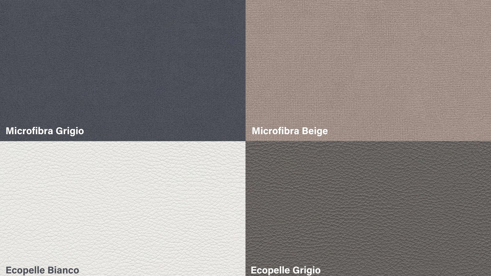 Quattro campioni colore etichettati: Microfibra grigio, Microfibra beige, ecopelle bianco, ecopelle grigio