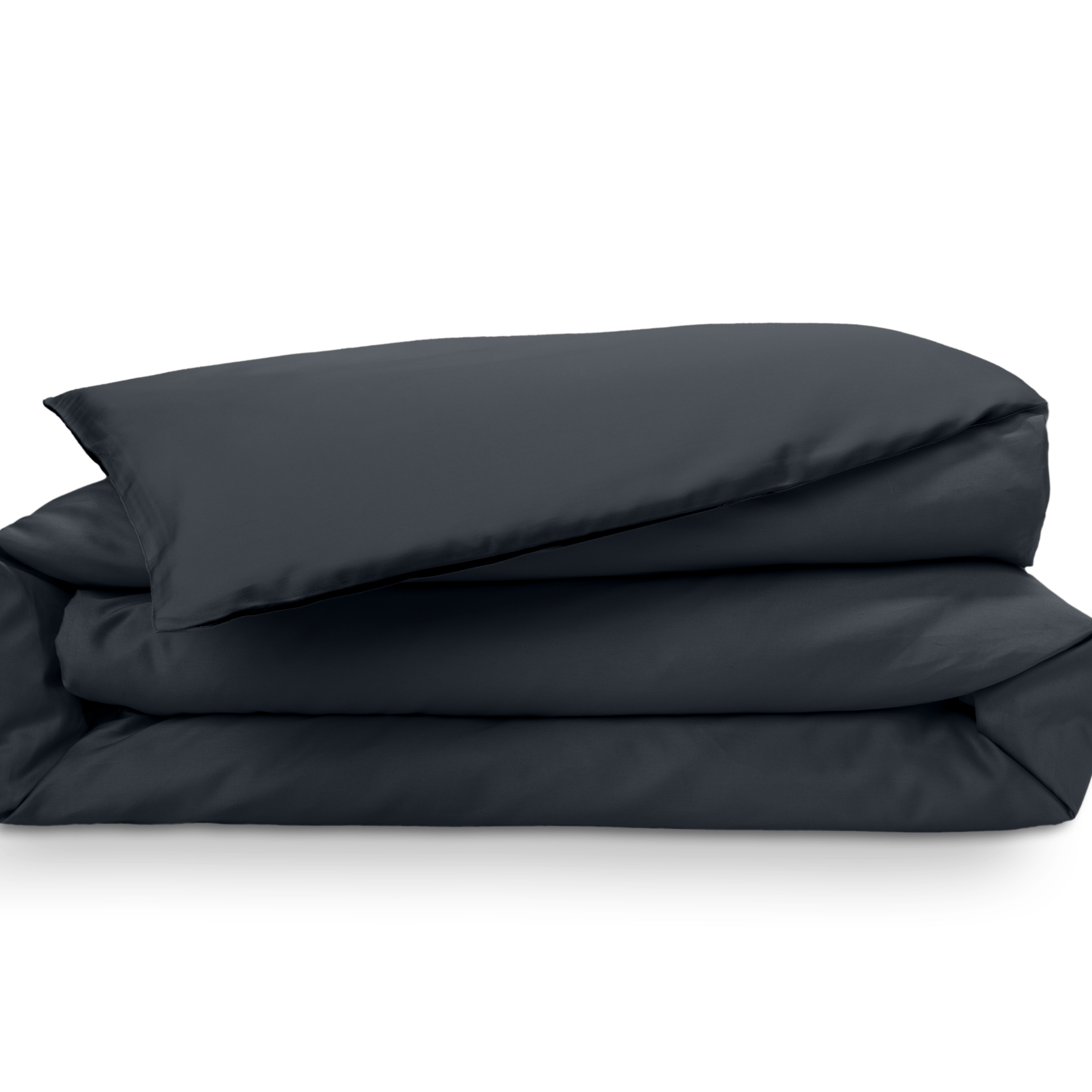 Uma imagem de uma capa de edredon dobrado em percal, em cinzento escuro, com um fundo branco