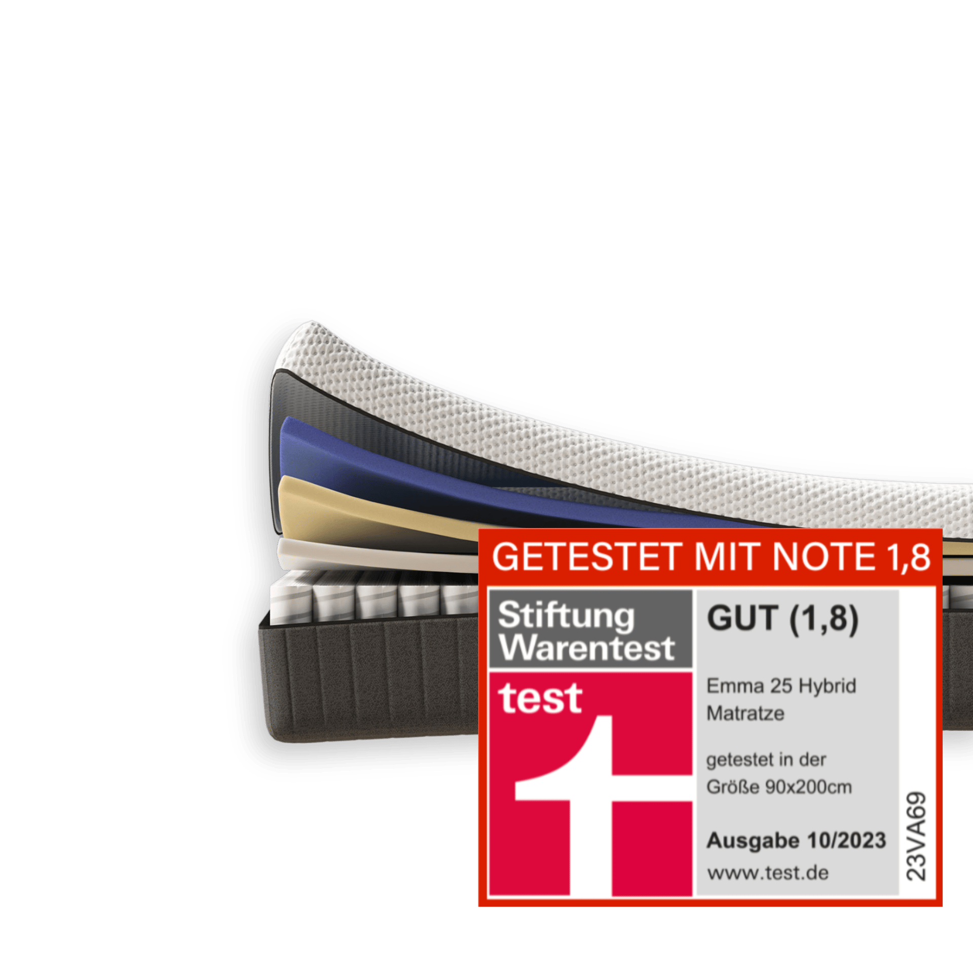 Emma 25 Hybrid Matratze 90x200 cm – Stiftung Warentest Bewertung Gut (1,8), Ausgabe 10/2023