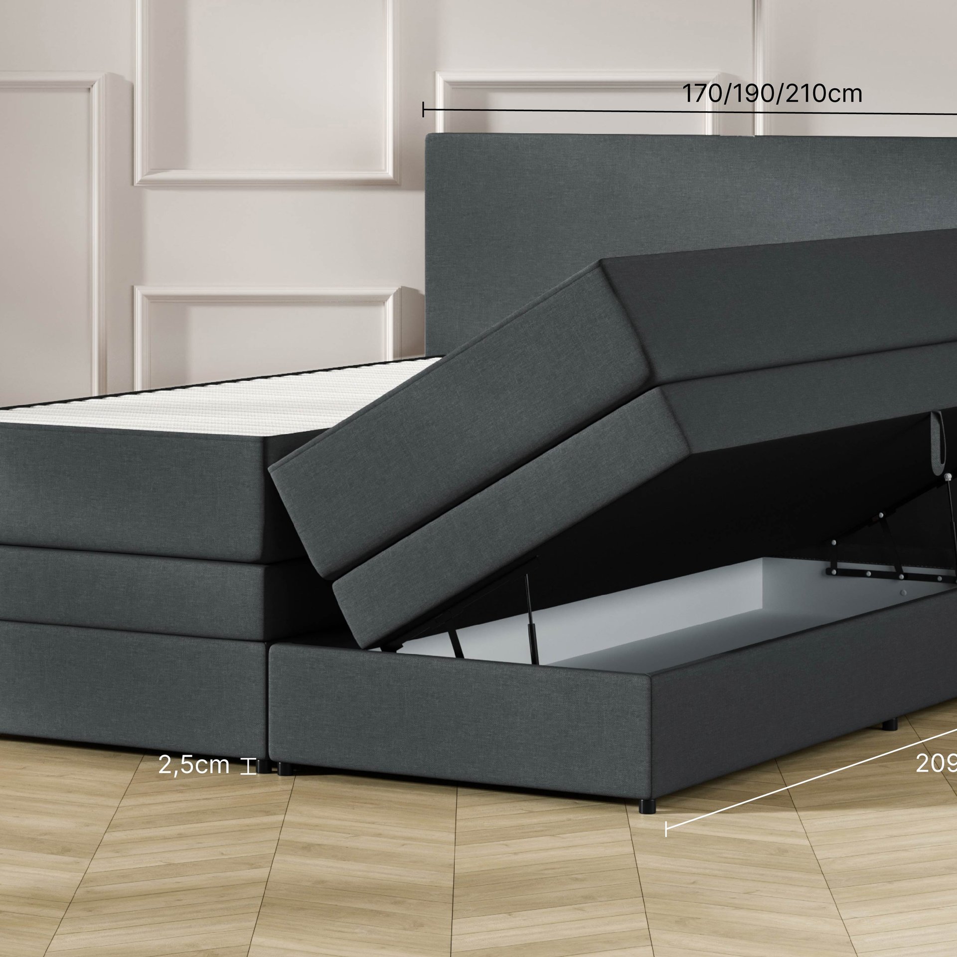 Lit Boxspring Royal avec rangement ouvert,