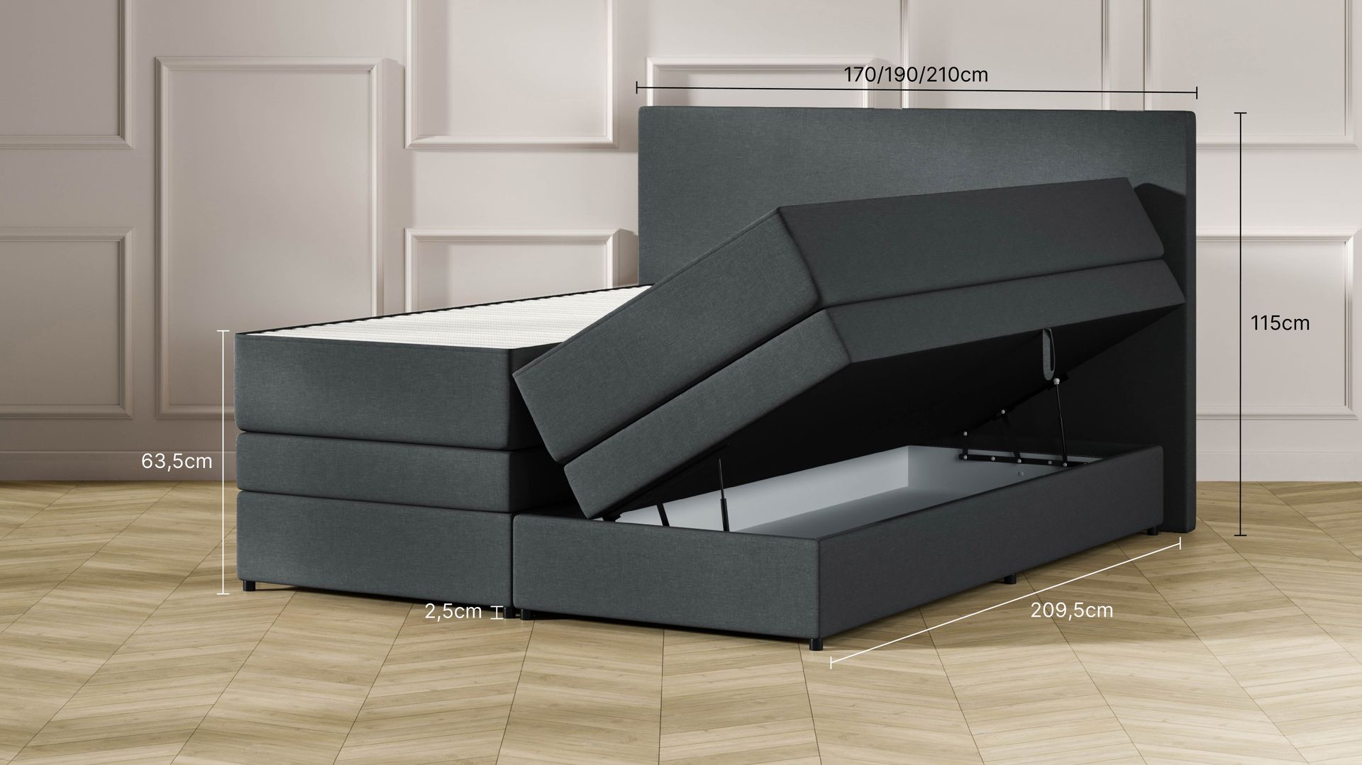 Lit Boxspring Royal avec rangement ouvert,