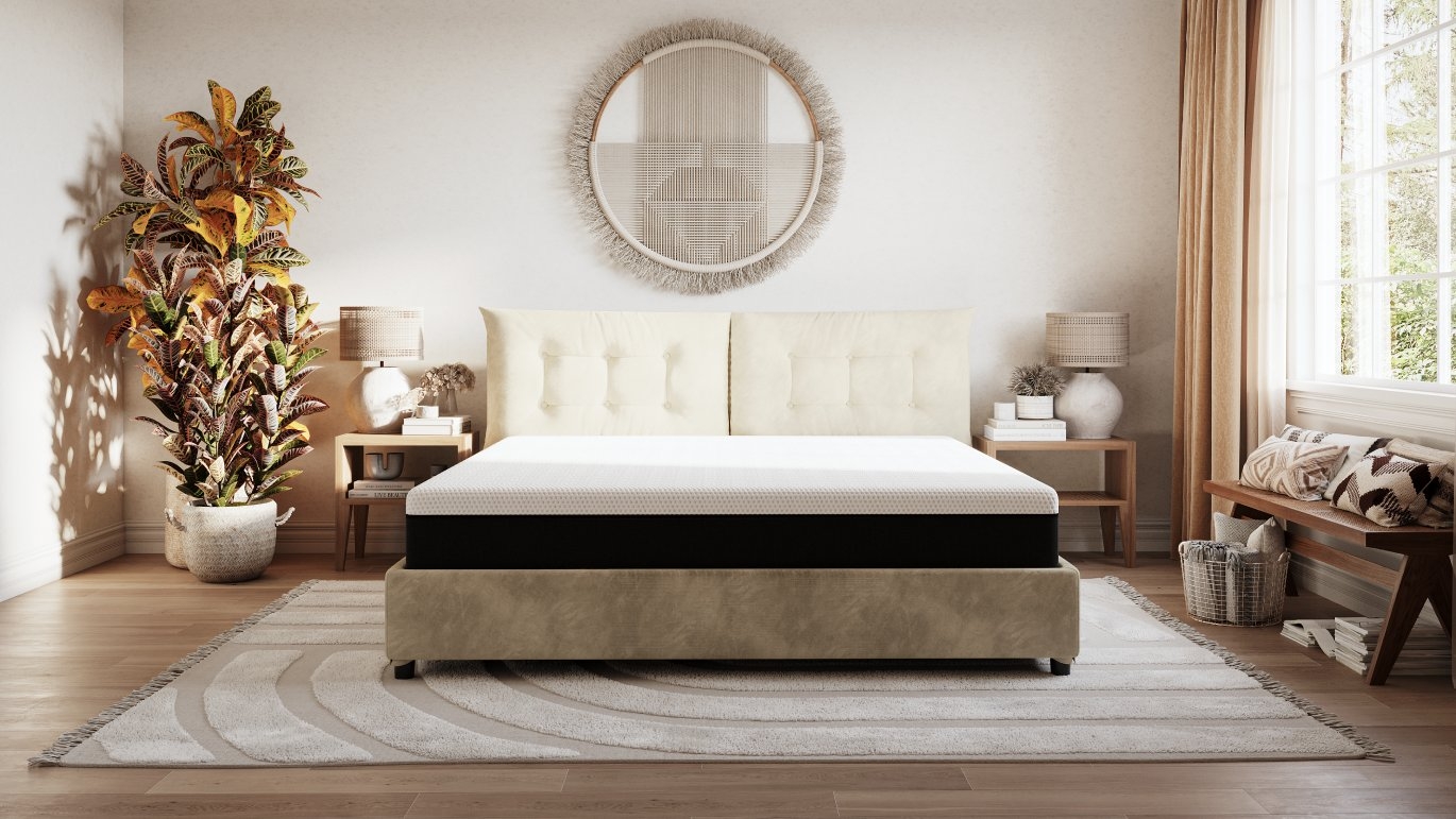 Letto contenitore in microfibra color sabbia con vano da 30cm in e materasso emma