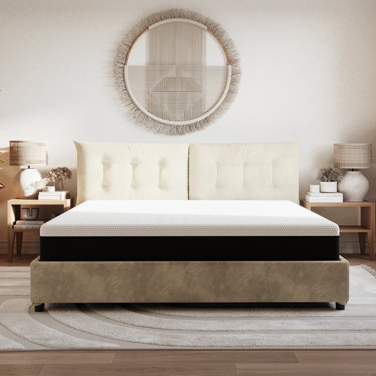 Letto contenitore in microfibra color sabbia con vano da 30cm in e materasso emma