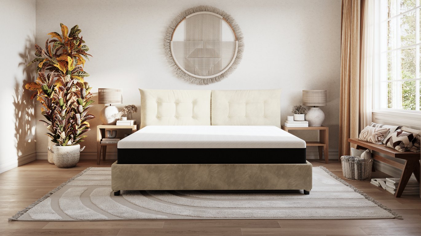 Letto contenitore in microfibra color sabbia con vano da 30cm in e materasso emma