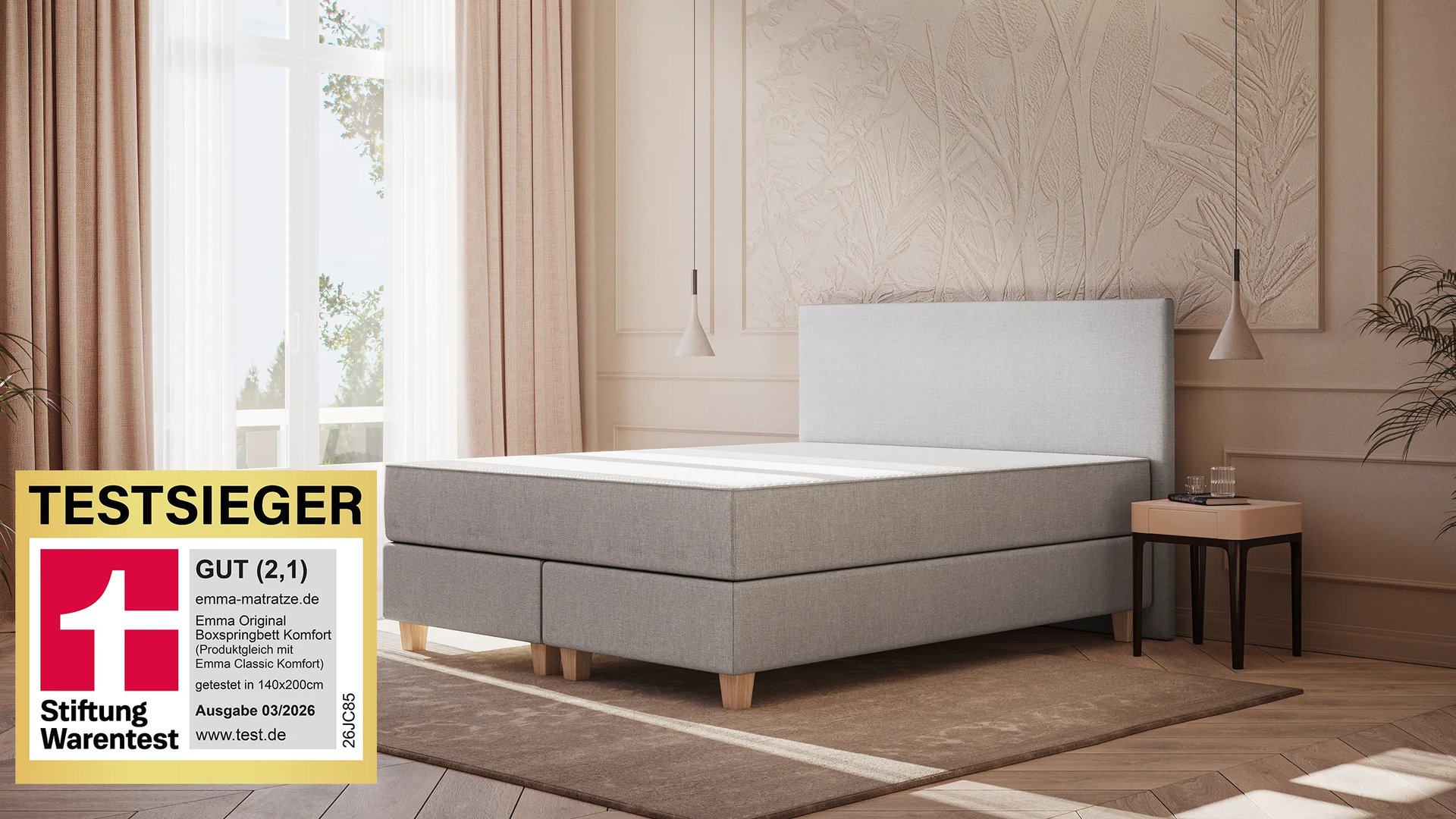 Emma Original Boxspringbett Komfort 140x200cm - hellgrau - Füße Holz - Kopfteil klassisch