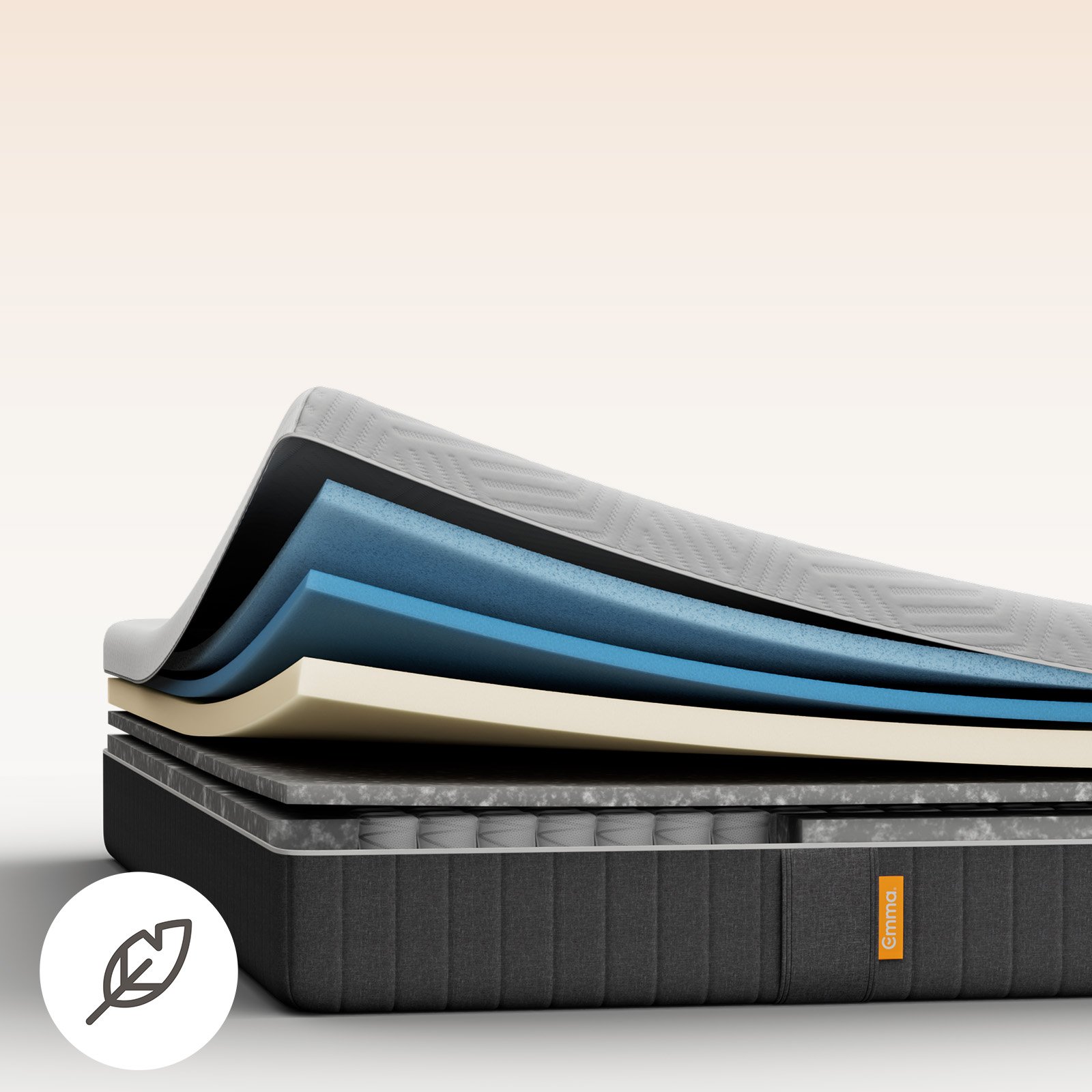 Emma Original Pro mattress layers view showing multiple foam and spring layers, with an anti-allergen cover badge.