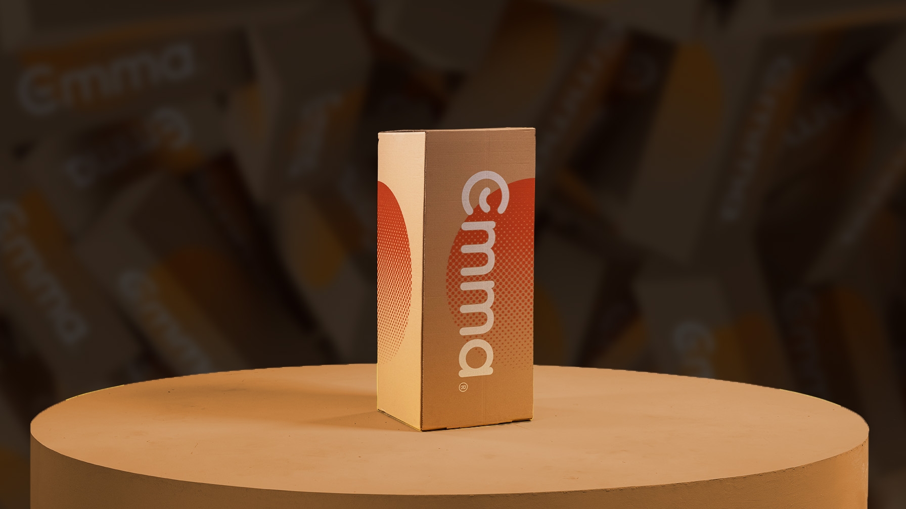 A large Emma mattress delivery box placed inside the doorway of a home.