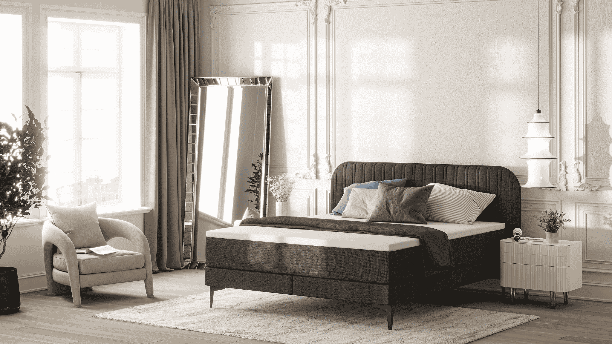 Stijlvol ingerichte slaapkamer met centraal geplaatste Emma Signature Boxspring in lichtgrijs, witte lakens, groene accenten en decoratieve kunst aan de muur.