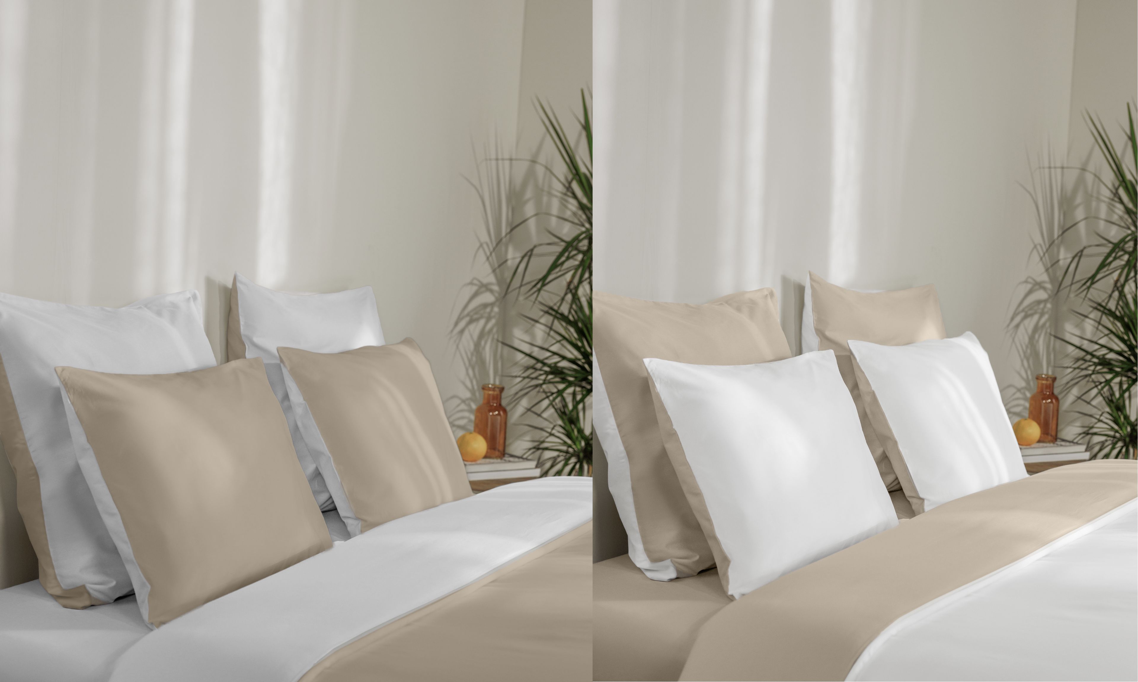 Confronto tra due letti con biancheria beige e bianca double face, piante verdi e oggetti decorativi sullo sfondo.