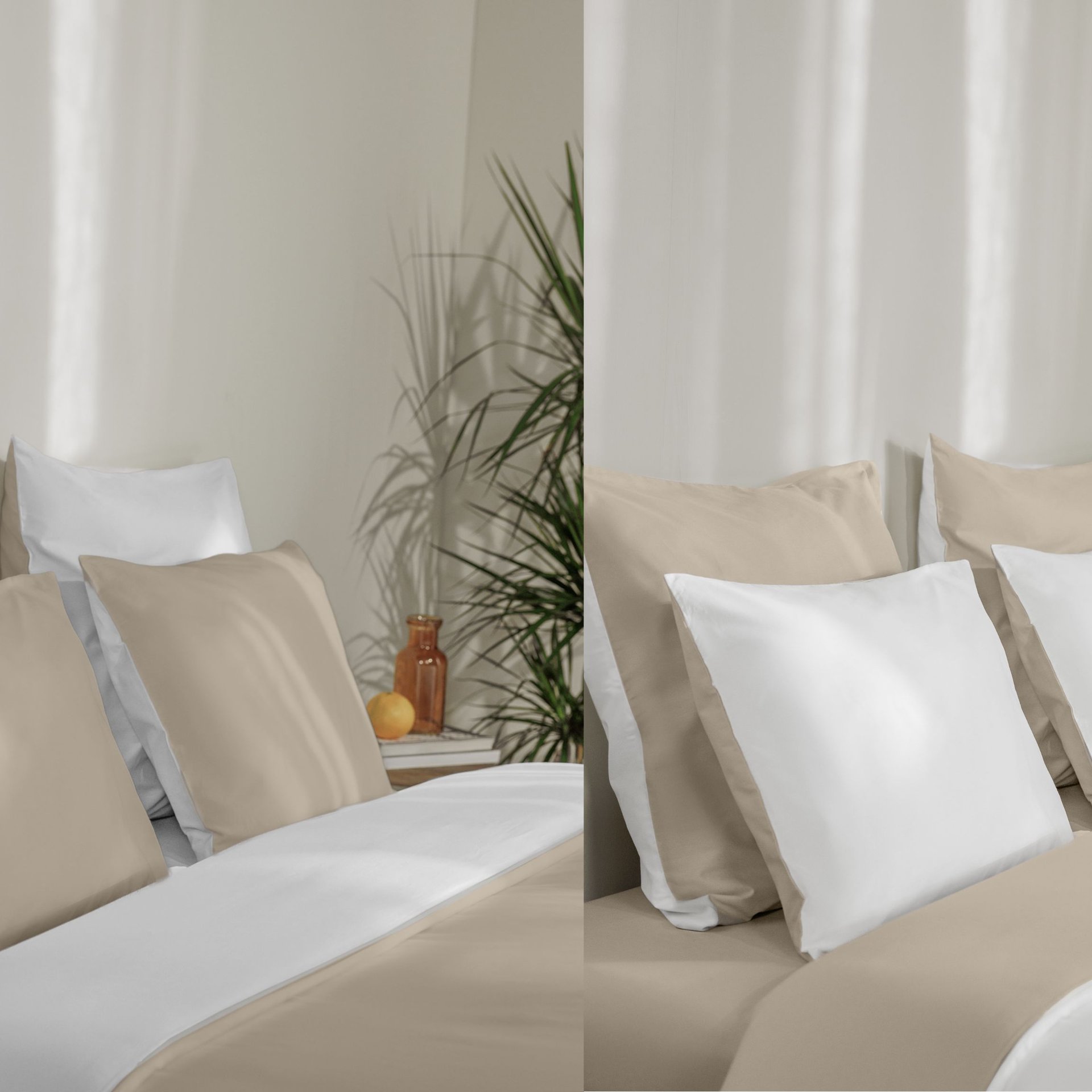 Confronto tra due letti con biancheria beige e bianca double face, piante verdi e oggetti decorativi sullo sfondo.