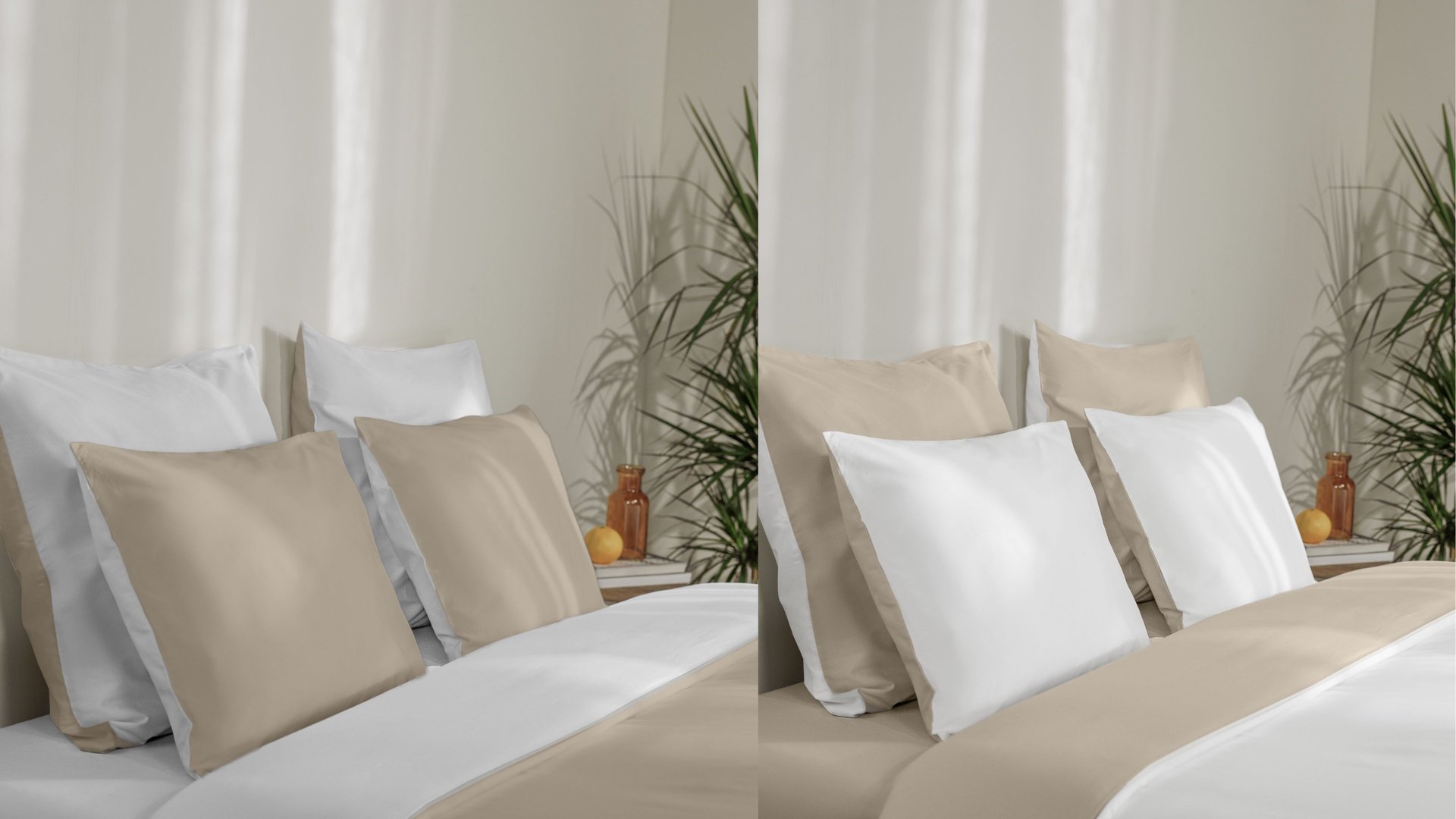 Confronto tra due letti con biancheria beige e bianca double face, piante verdi e oggetti decorativi sullo sfondo.